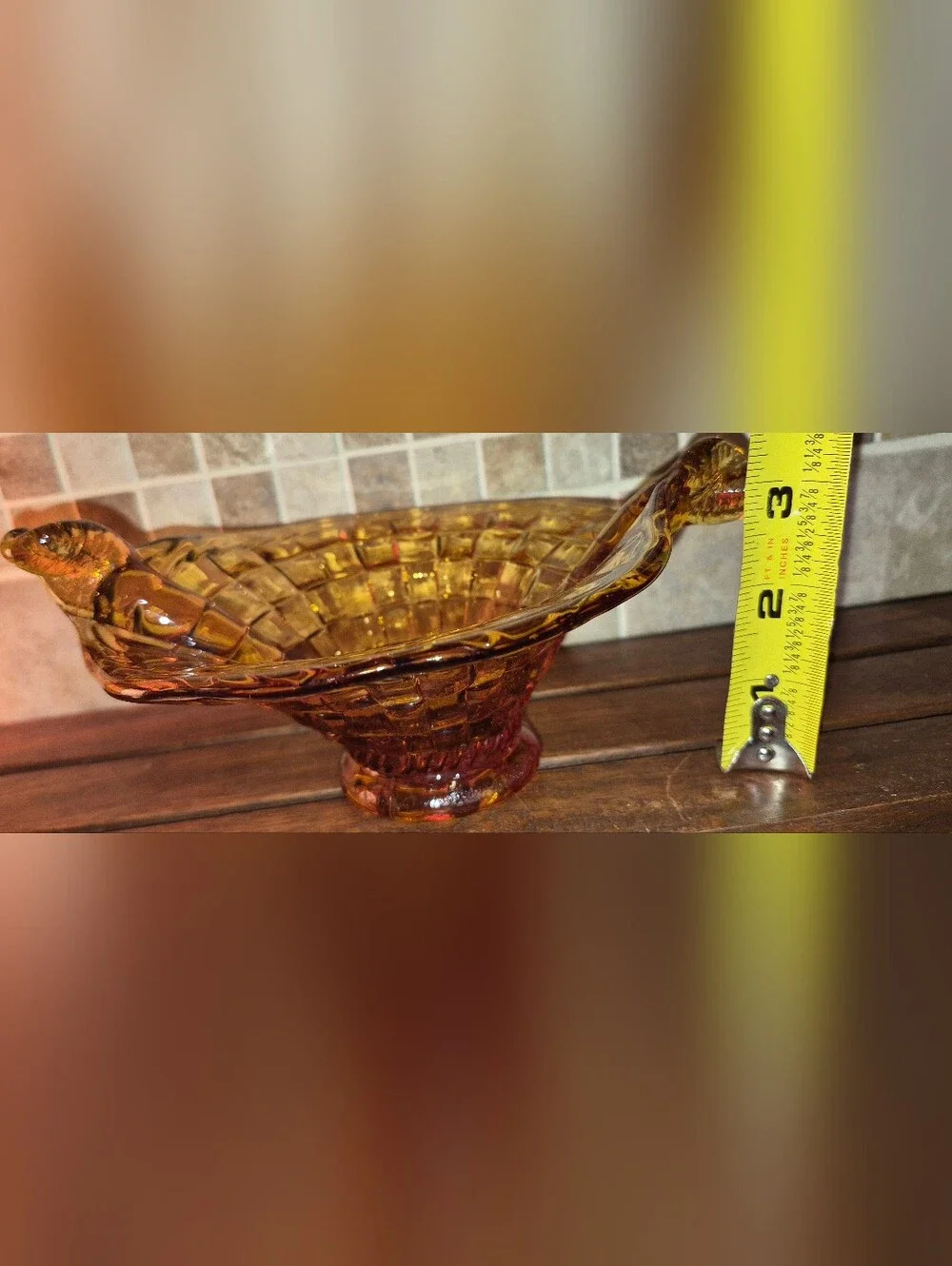 Vintage Fenton Amber pressed glass basketweave bowl w/ twisted split-handles